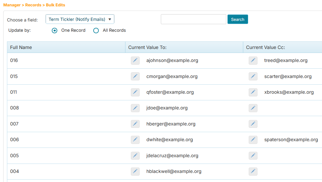 Bulk Edits - tickler email addresses