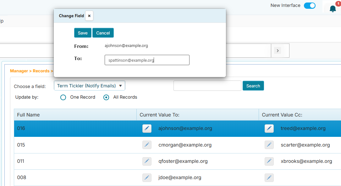 Bulk Edits - all records update of the tickler email addresses