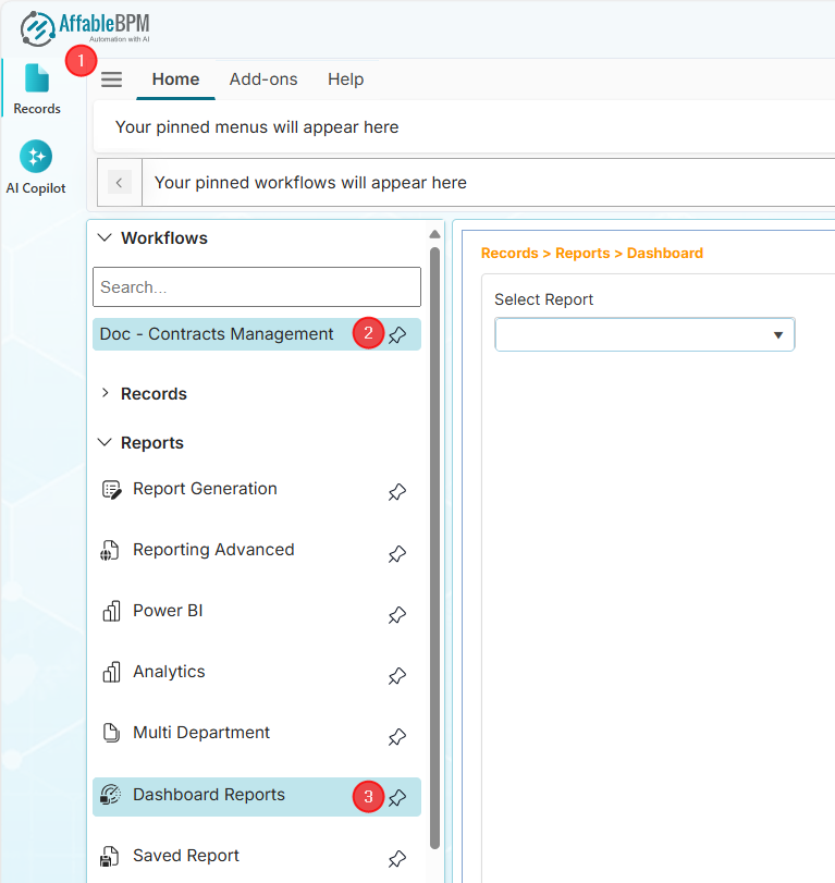 Dashboard Reports menu