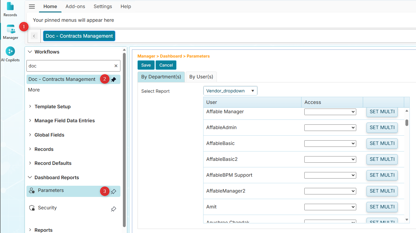 Dashboard Reports - Parameters Page