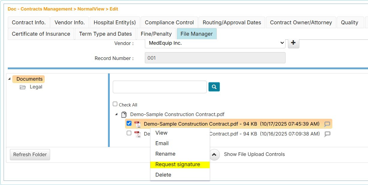 Request Signature menu