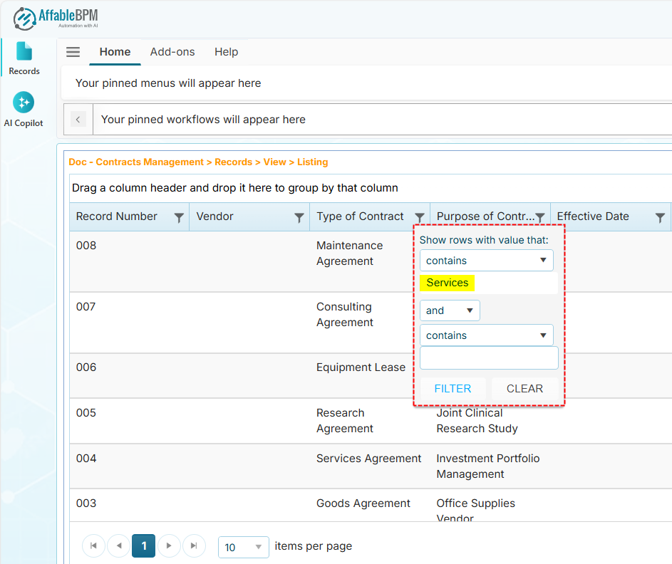 Grid column filter options