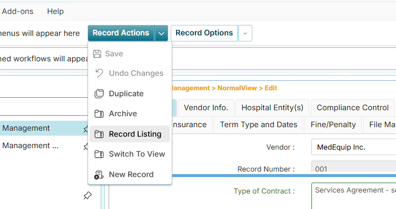 Record Actions' Switch to View menu