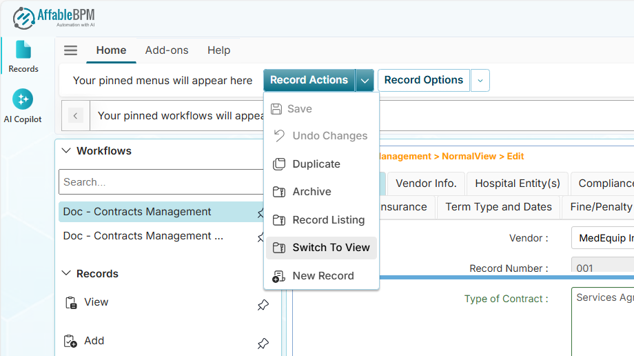 Record Actions' Switch to View menu