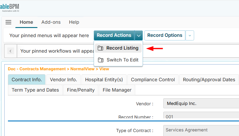 Record Listing button/menu to go back to the record listing.