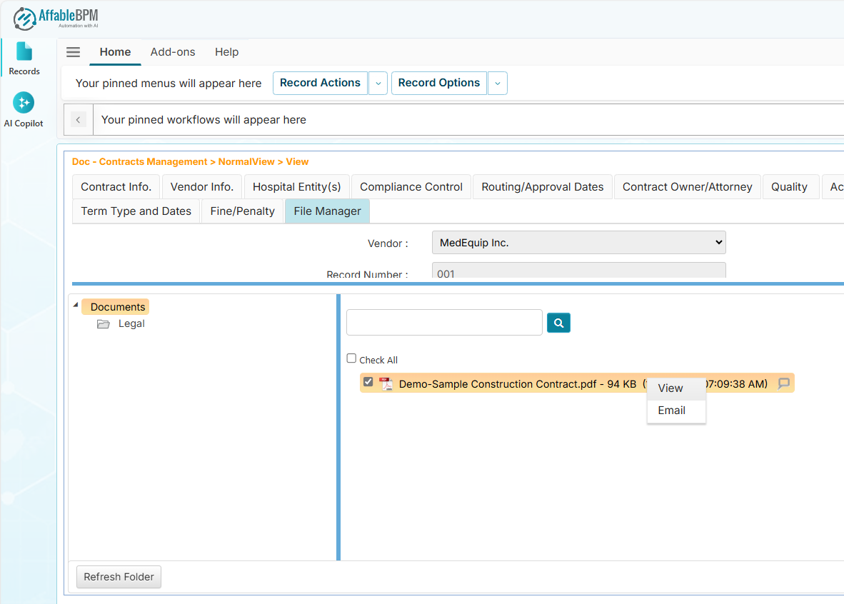File Manager available menus in View mode