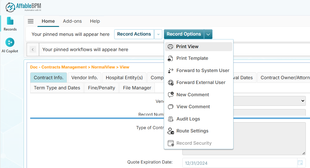 Record Options menus