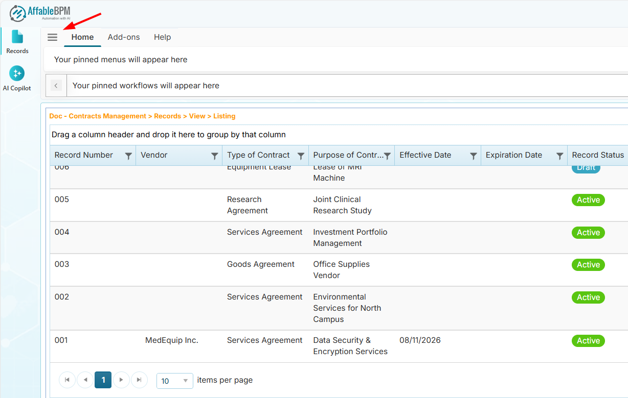 Hide section menu and record listing