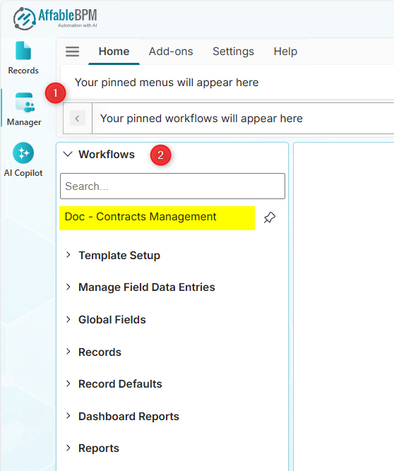 Manager Workflows menu
