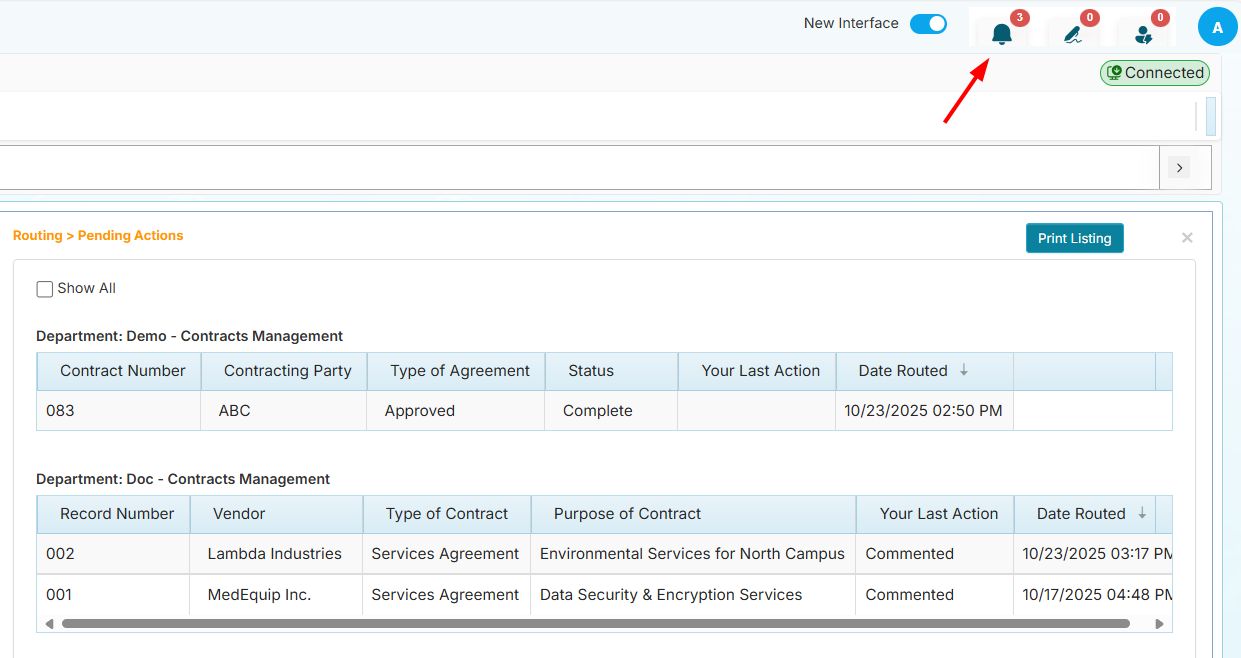 Pending Actions listing page