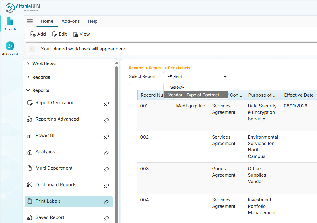 Print Labels page - select report template
