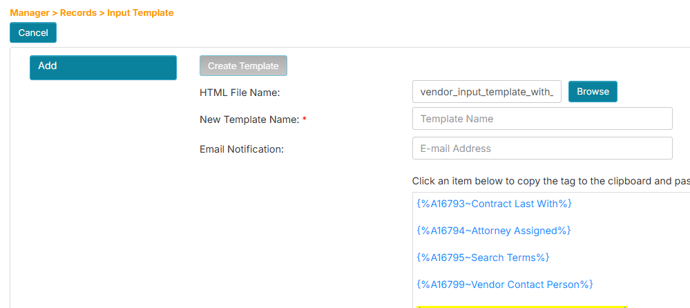 Browse for new input template