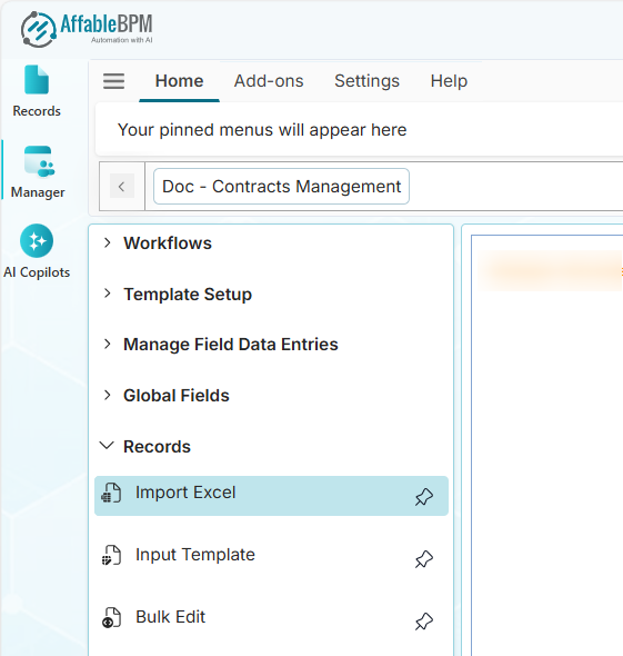 Records menu highlighting Import Excel