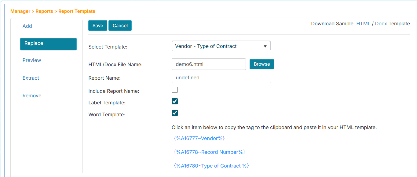 Report Template Action Options