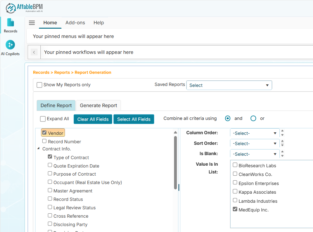 The Define Report tab showing the list of fields and filters