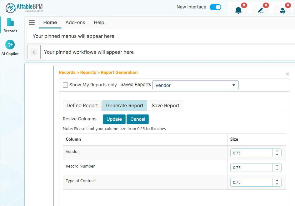 Update Report Settings screen