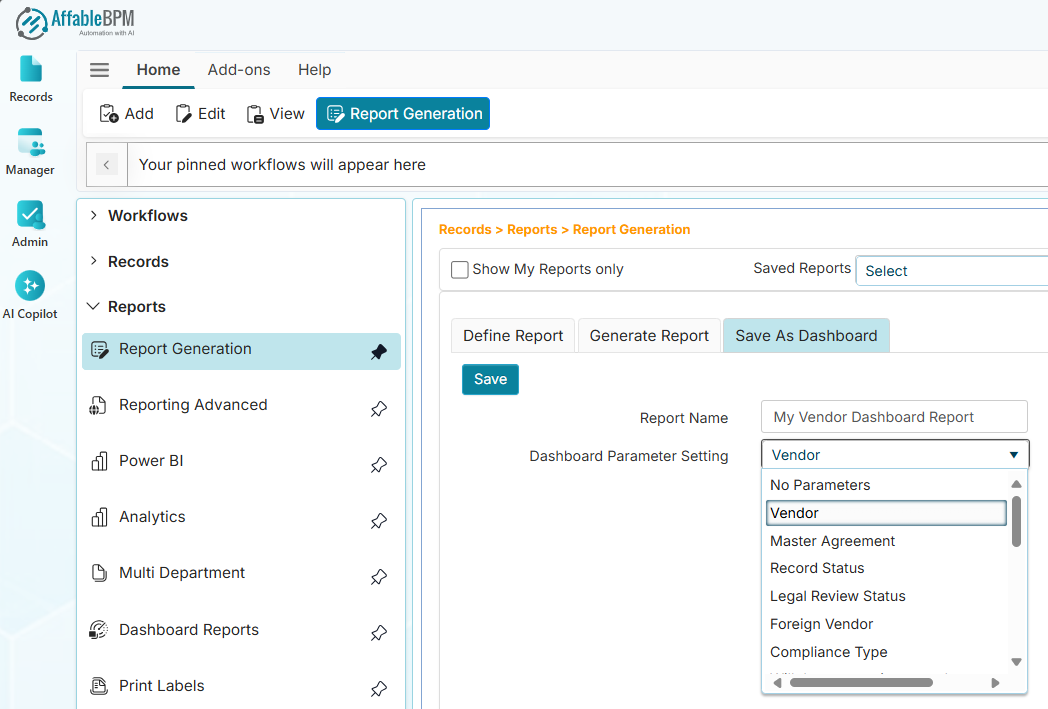 Save as Dashboard screen