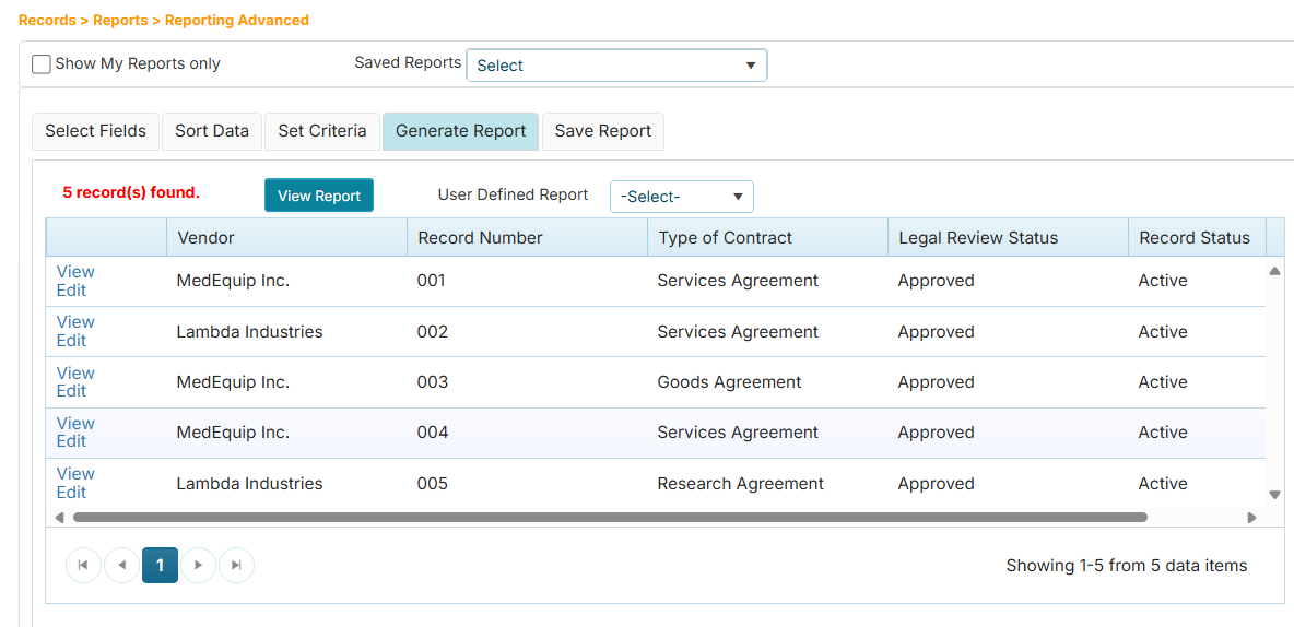 Criteria result showing returned rows