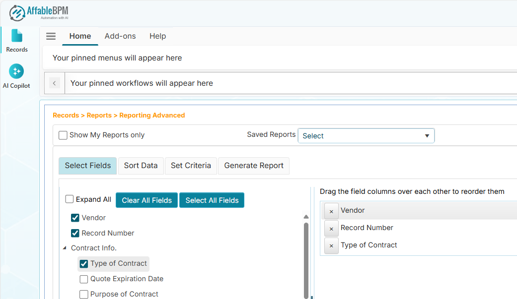 The Select Fields tab
