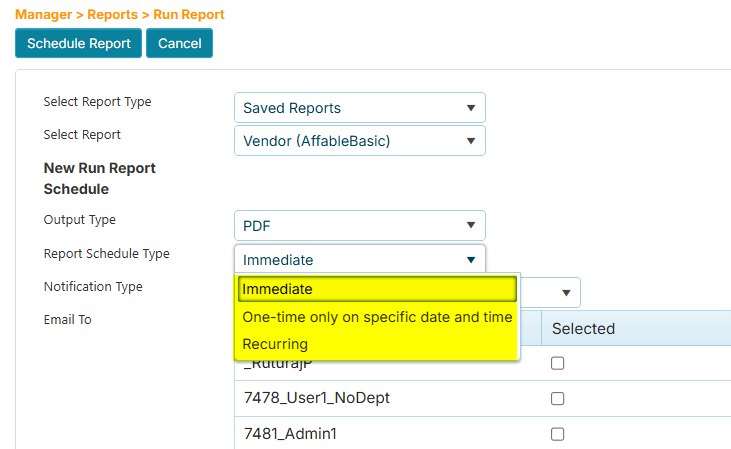Run Report Schedule Types