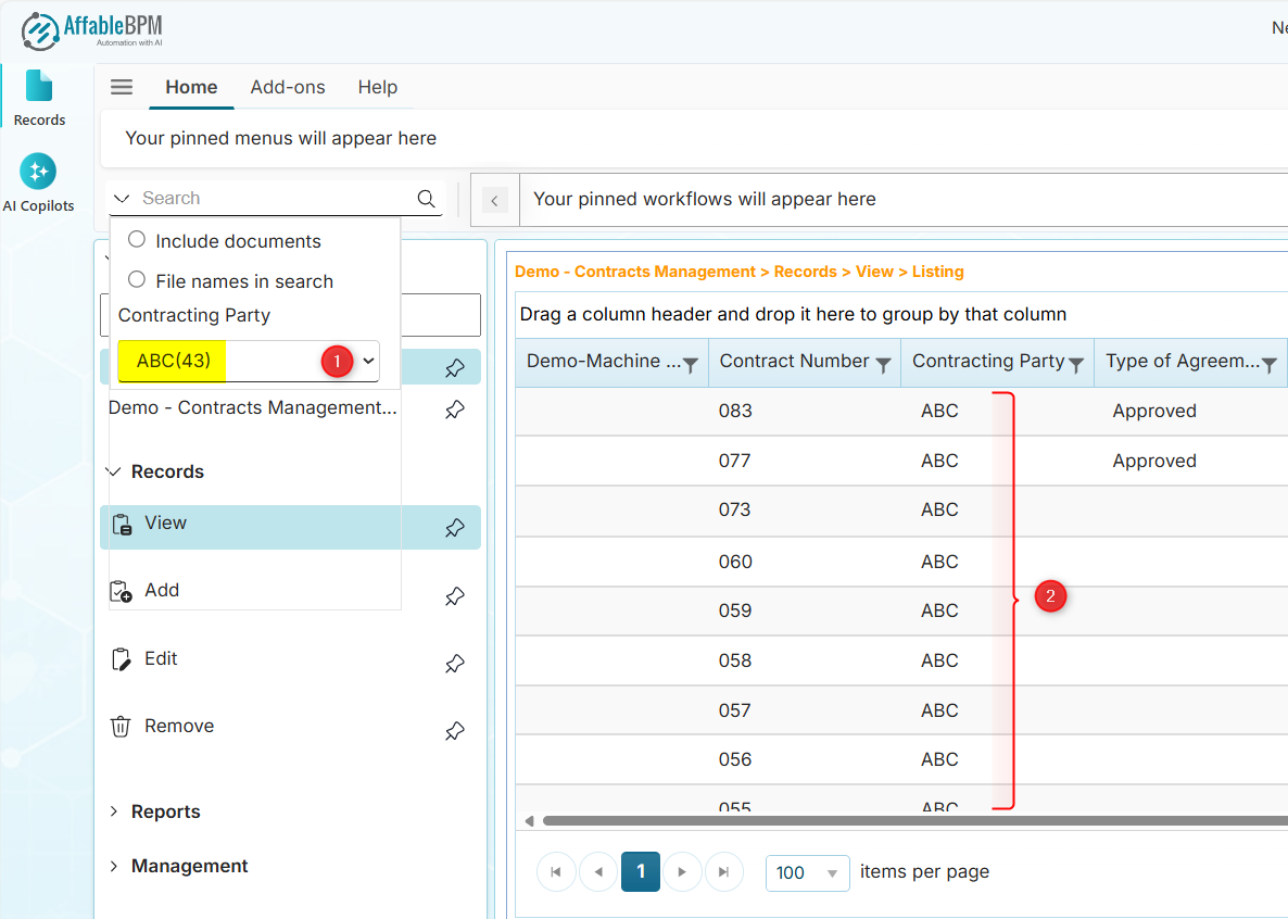 Search by dropdown filters result 