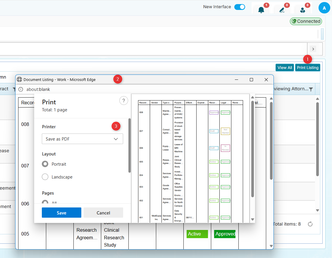 Print Listing window in the record listing page