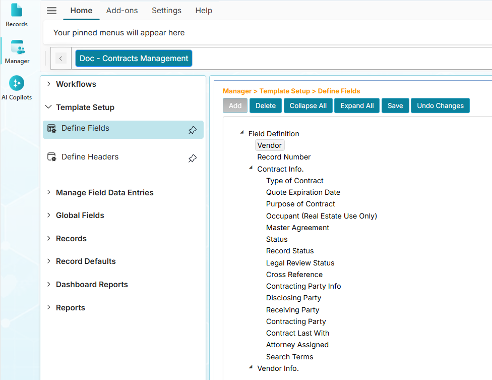Define Fields menu and field listing