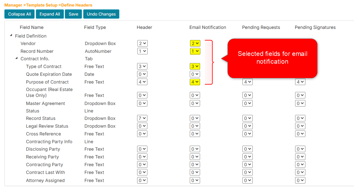 The Define Headers page with selected fields for email notification