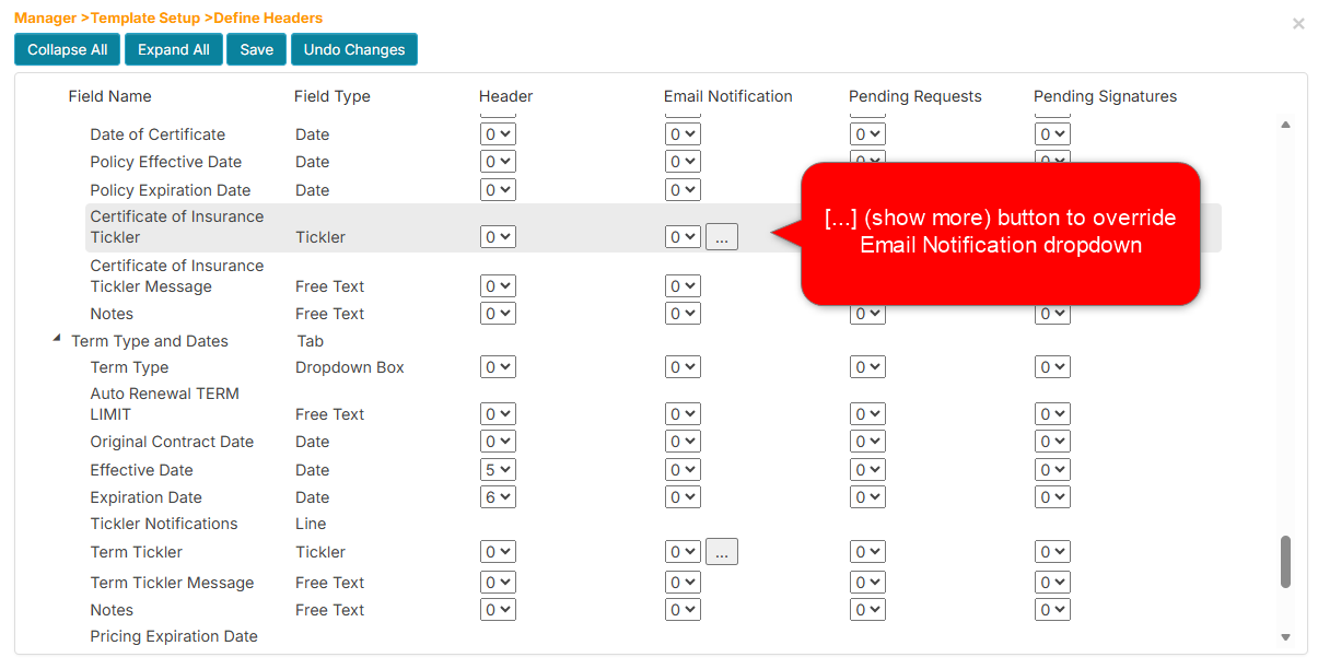 The Define Headers page with show more button to override email notification