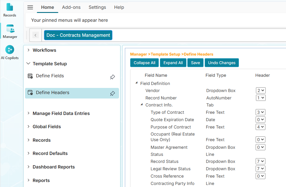 The Define Headers menu