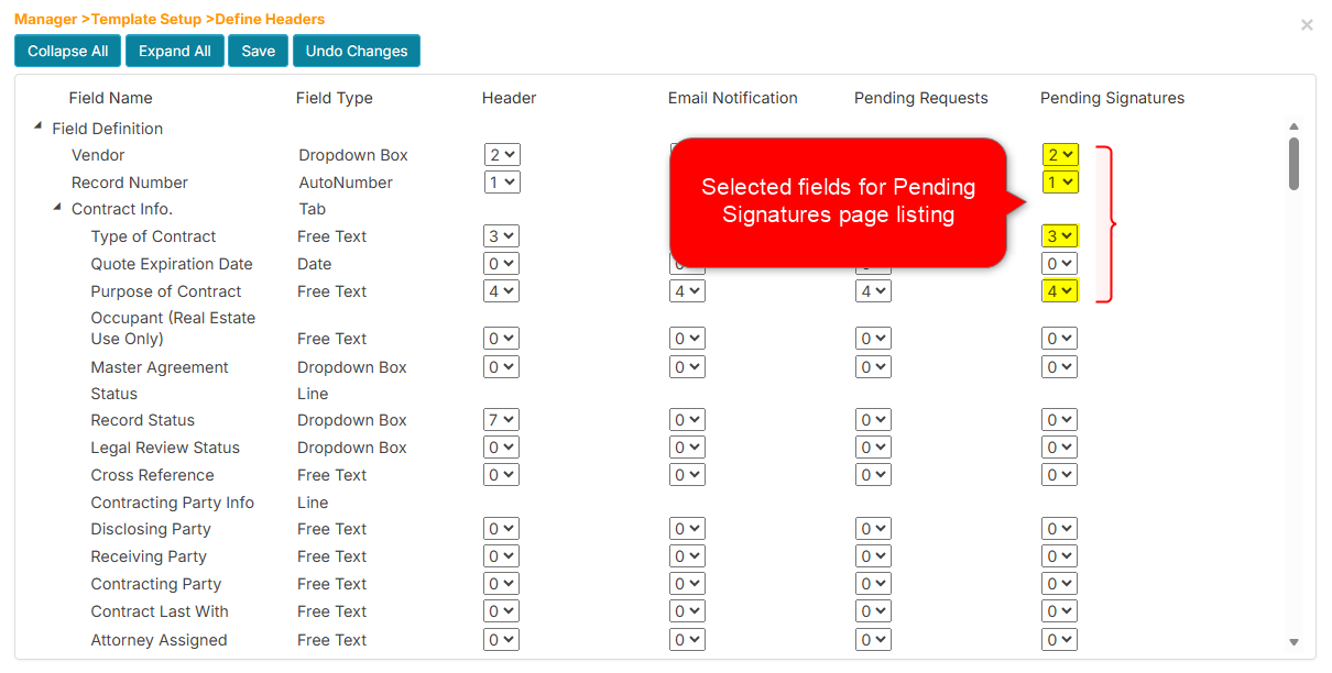 Selected fields for display in the Pending Signatures page
